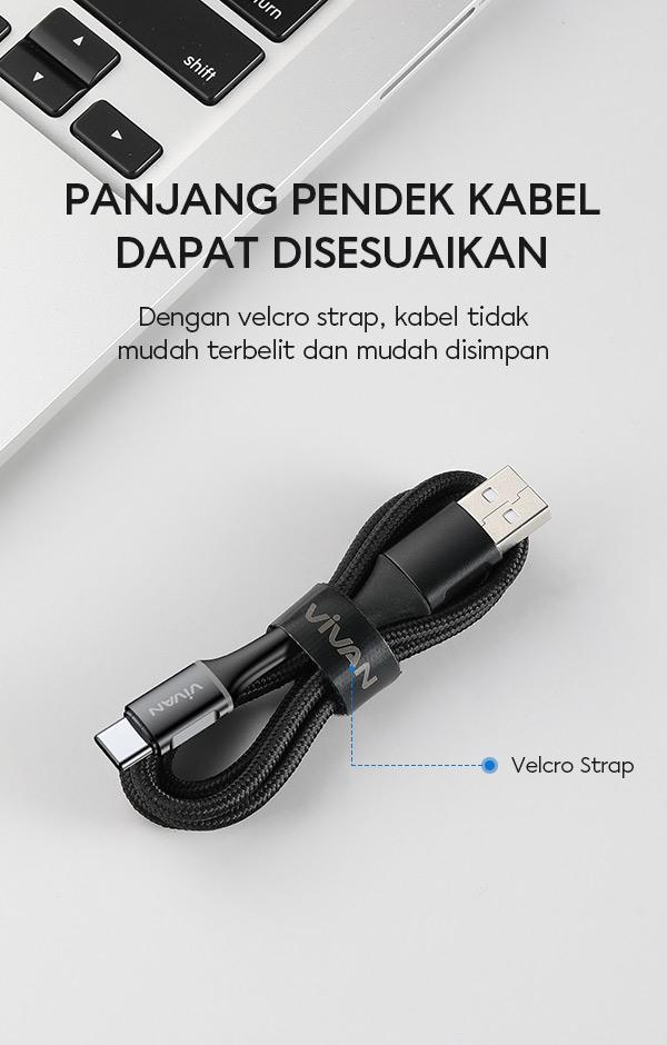 vivan vdc 100 3A ini mudah disesuaikan panjangnya dan dilengkapi velcro strap untuk penyimpanan praktis