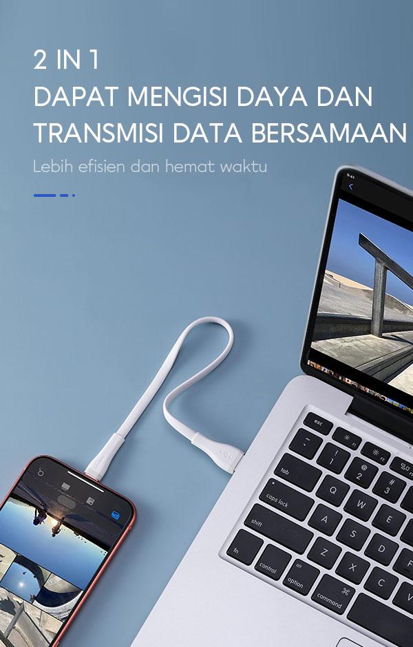 Kabel ini mempunyai fitur 2 in 1 memungkinkan pengisian daya dan transmisi data bersamaan