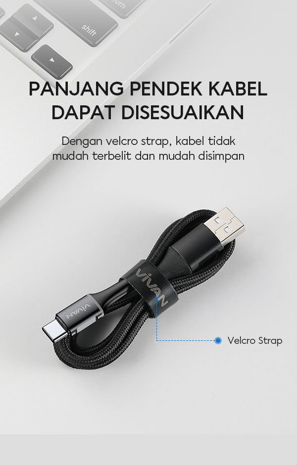 vivan vdc 100 3A ini mudah disesuaikan panjangnya dan dilengkapi velcro strap untuk penyimpanan praktis