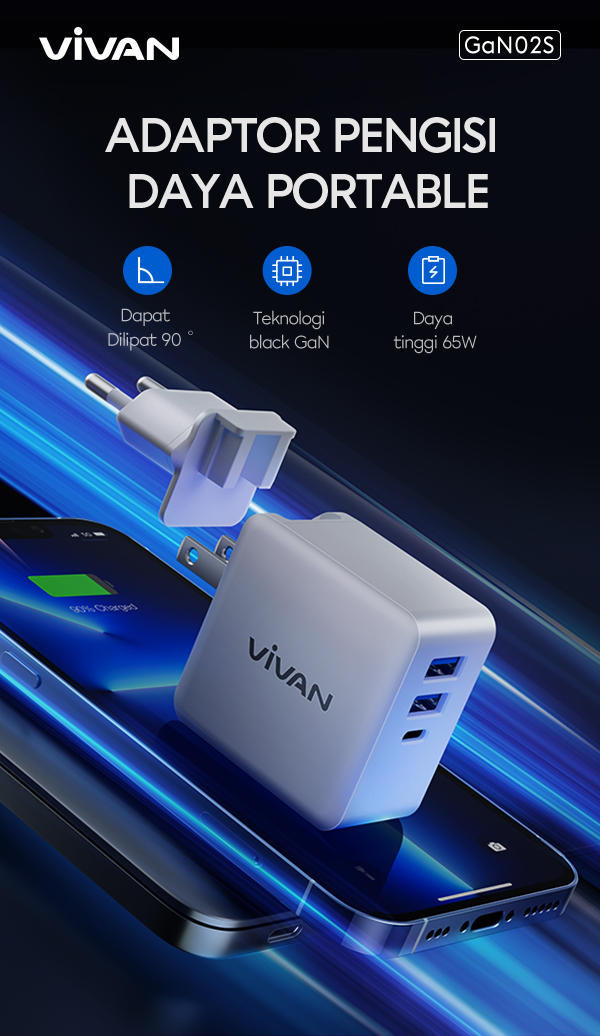 Adaptor Vivan GaN02S adaptor pengisi daya portable