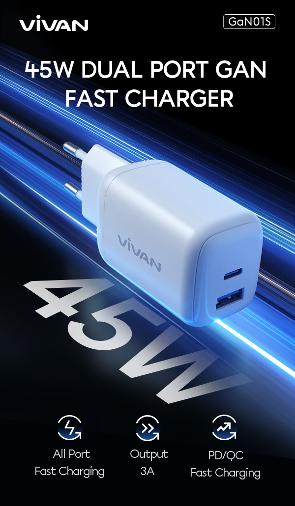 Adaptor Vivan GAN01S 45W dual port GAN fast charger 4x lebih cepat charging