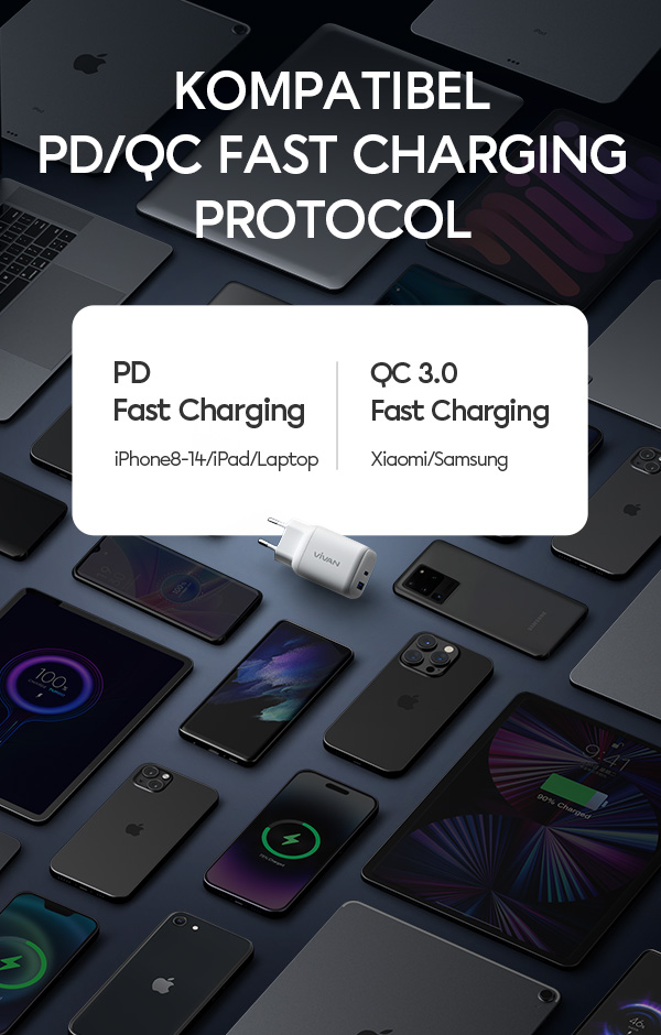 Adaptor Vivan GAN01S kompatibel PD/QC fast charging protocol