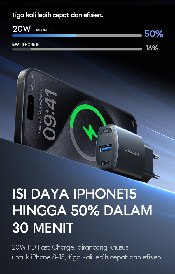 Charger Vivan Power Super3 isi daya iphone 15 50% dalam 30 menit