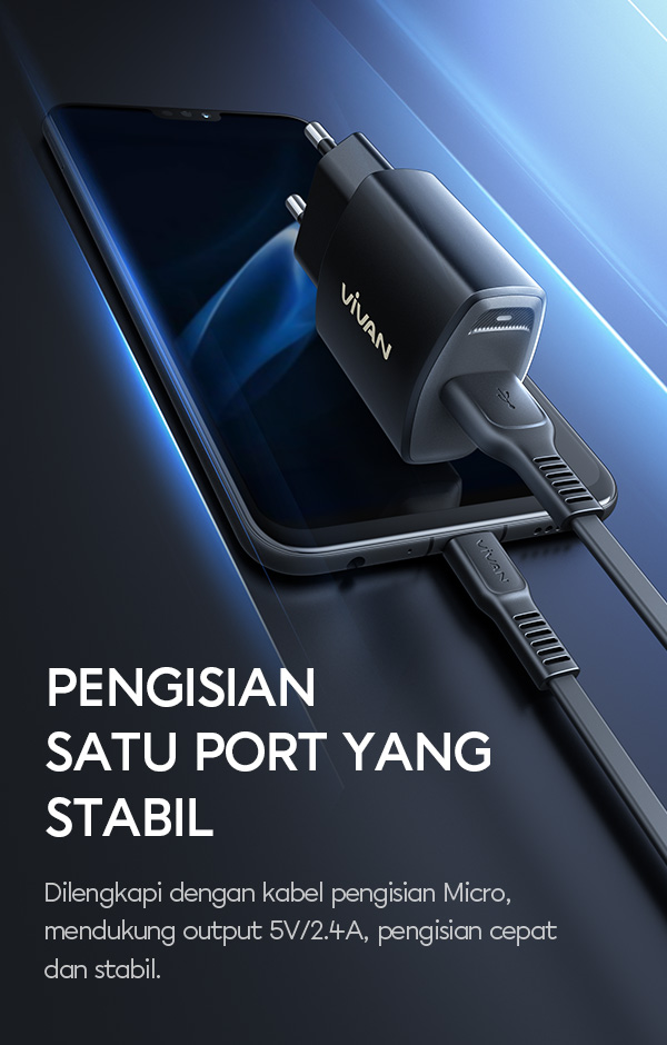 charger vivan power oval2s dilengkapi dengan kabel pengisian micro